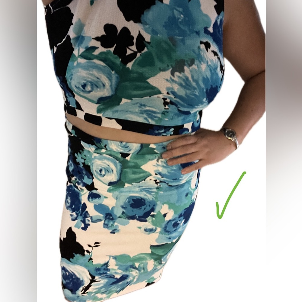 Design Lab Lord & Taylor Aqua Garden Floral Skirt Set Designer Dress Tank Top L